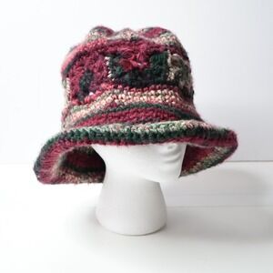 Crochet‎ Bucket Hat Handmade Burgundy Green Floral Grannycore Womens Slouchy